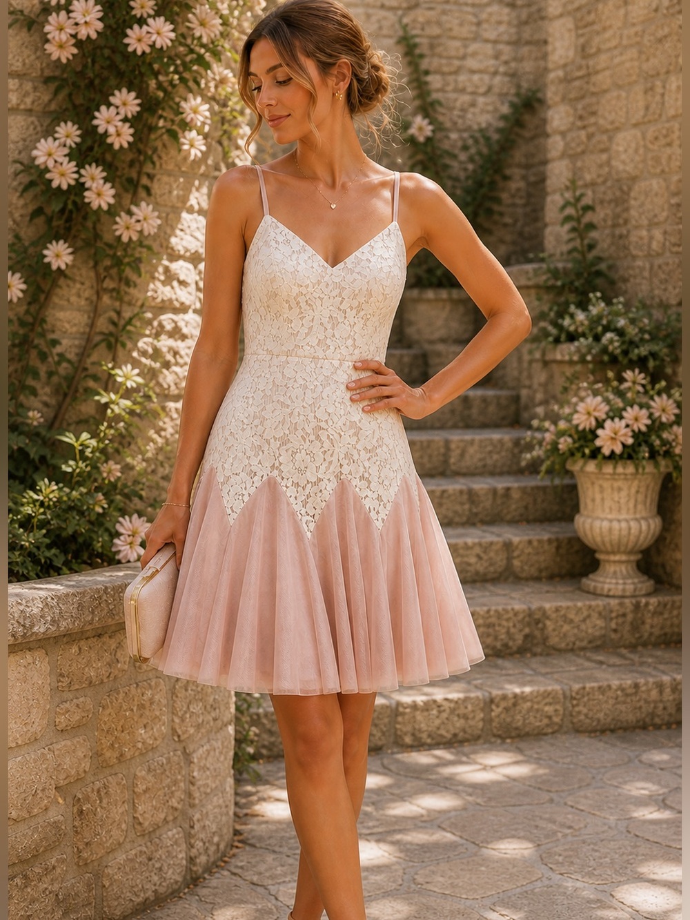 Lipsy London Lace Fit & Flare Dress Ivory Blush Mesh Skirt Size 8 NWT